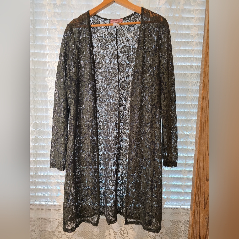 Ragdoll Lace Floral Longsleeve Duster, 2X, Black Lace Duster Vest